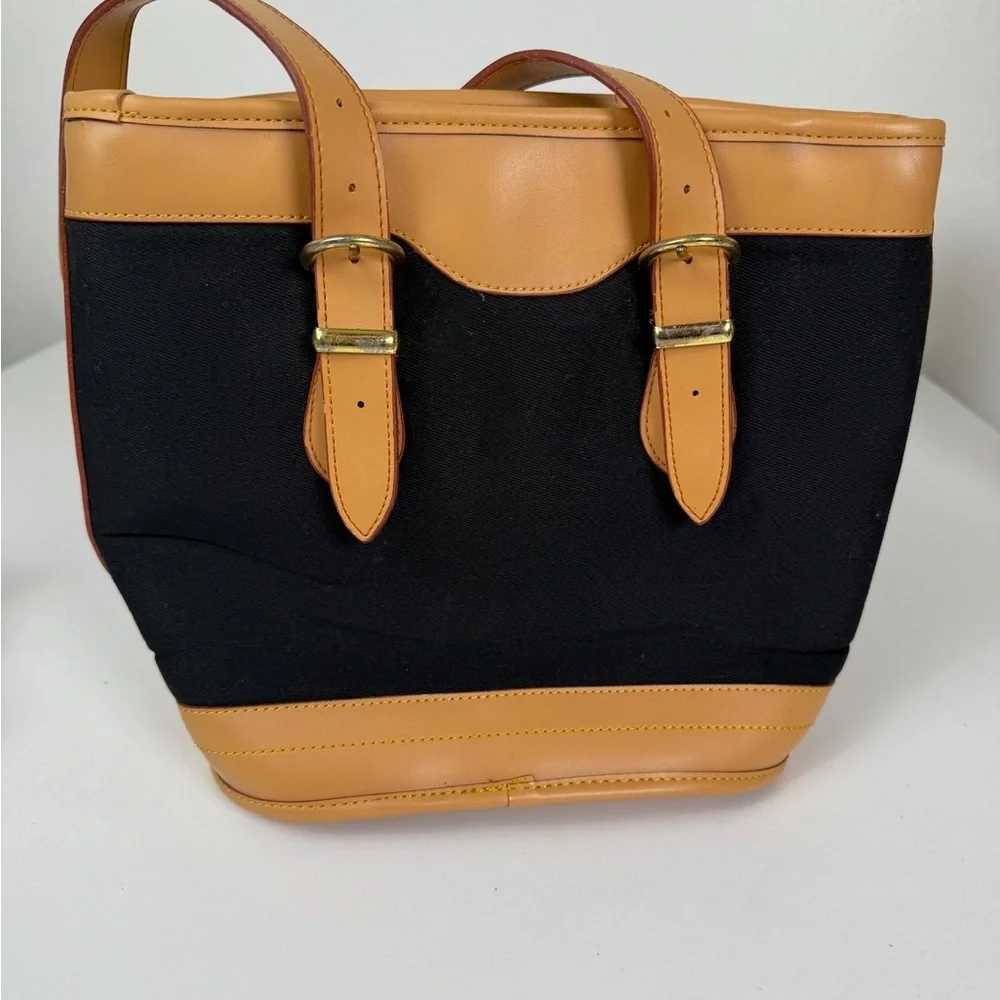 Vintage-Inspired Black Canvas & Tan Leather Structured Tote - Picture 2 of 6